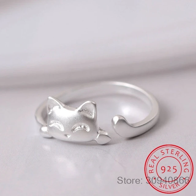 

925 Sterling-silver-jewelry Cute Smiley Cat Open Rings For Women High Quality Girl Gift Bague Femme
