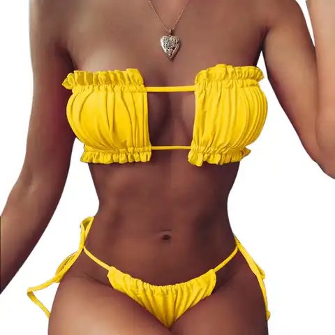 Women 2pcs Sexy Bikini Set Wire-Free Hollow Chest Bra Triangle Straps Panty Swimming Suit