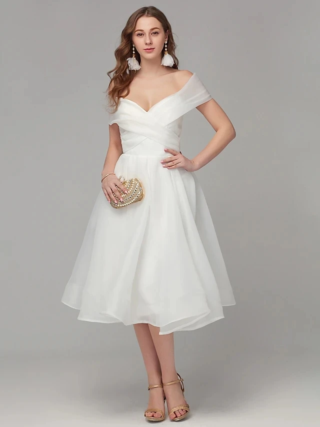 

White Elegant Engagement Cocktail Party Dress Off Shoulder Tea Length Organza Graduation Homecoming robe de soriee 2021