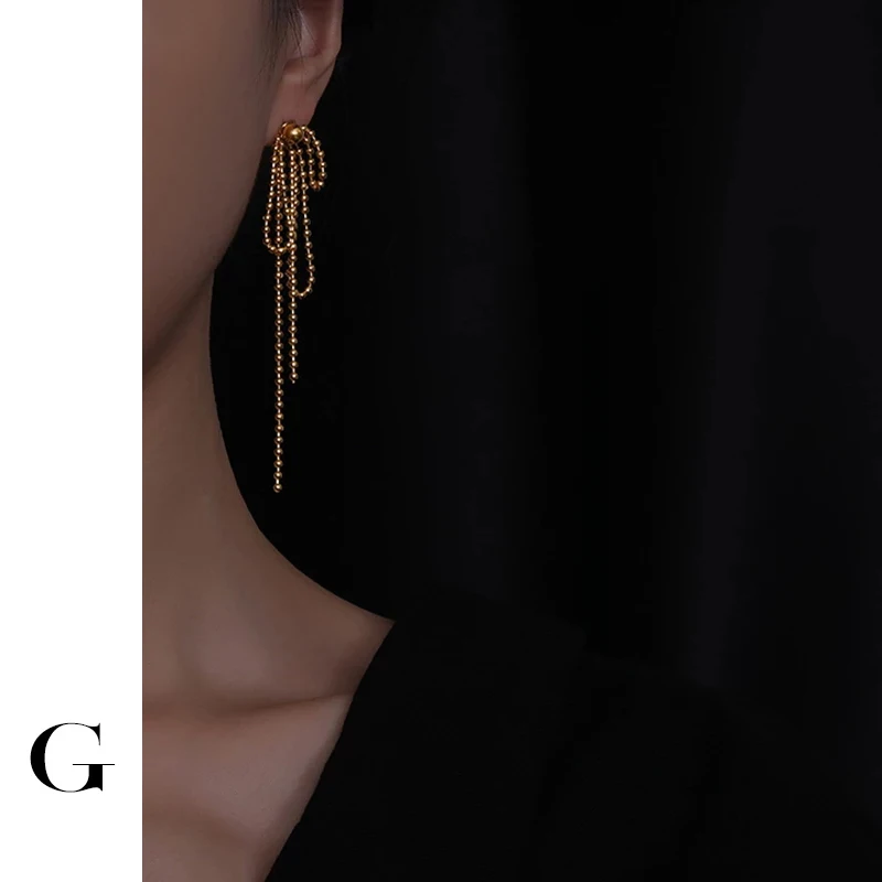 

GHIDBK Hot Sale Designed Irregular Layering Long Tassel Beaded Chain Stud Earrings in Stainless Steel Street Style Studs Jewelry