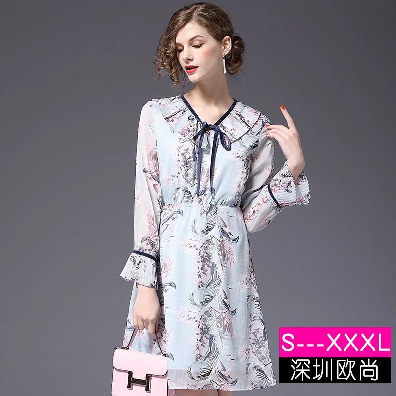 

Women's 2021 spring women's new splicing ribbon horn sleeve Pleated Chiffon print dress