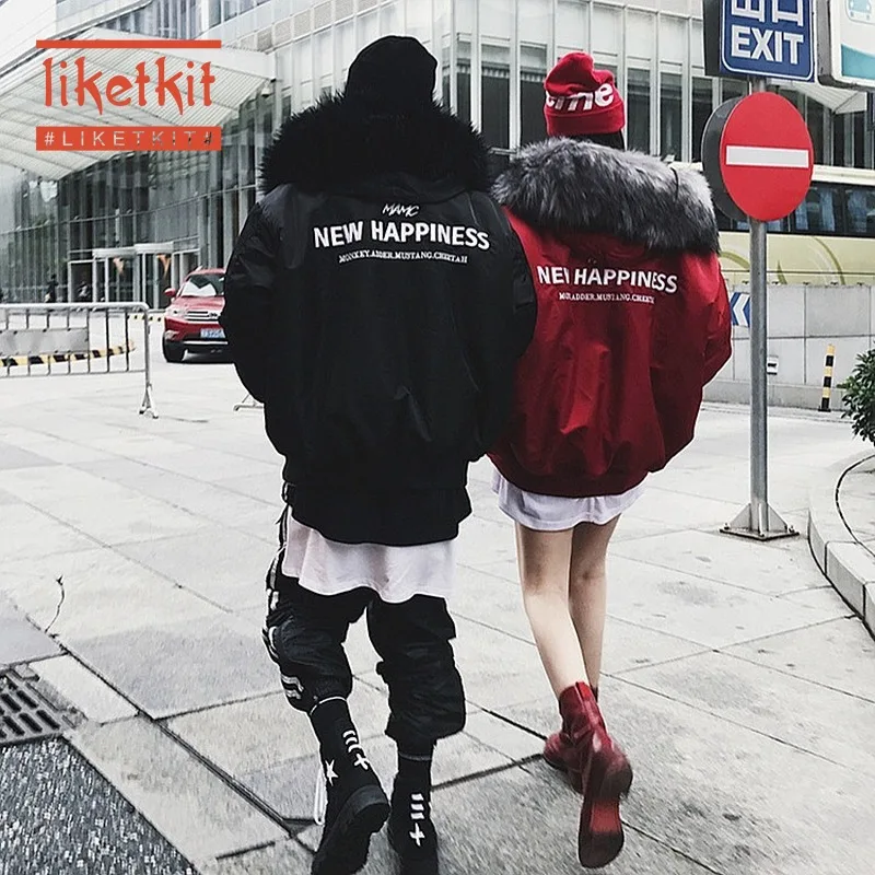 Liketkit мужские зимние парки 2019 хип хоп пары хлопок толстые куртки с буквенным