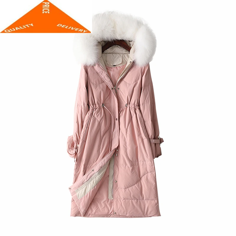 

Women's Thick Warm Jacket + Large Fox Fur Hodded Korean Winter Pink Duck Down Coat Laides Long Overcoat Hiver LR2992
