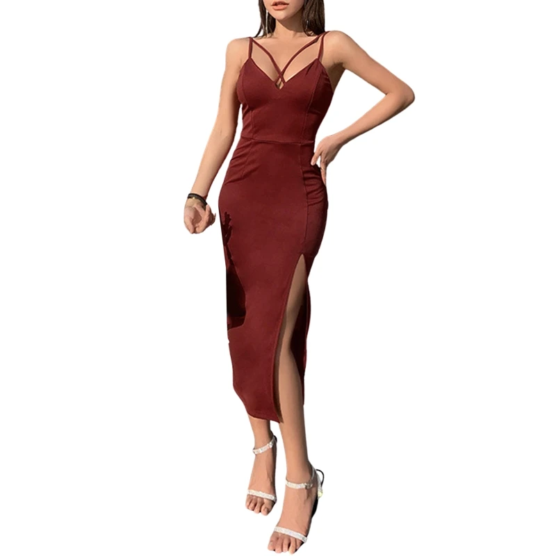 

Women’s High Split Midi Dress Summer Sexy Deep V Neck Sleeveless Spaghetti Strap Bodycon Dress Elegant Evening Party Dress 2021