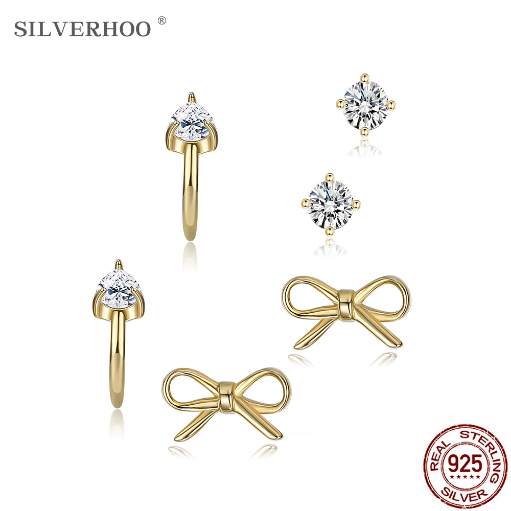 

SILVERHOO 925 Sterling Silver Jewelry Cute Bow-Knot Tiny Earrings For Women Girl Clear CZ Gold Color Studs Earring Sets Hot Sale