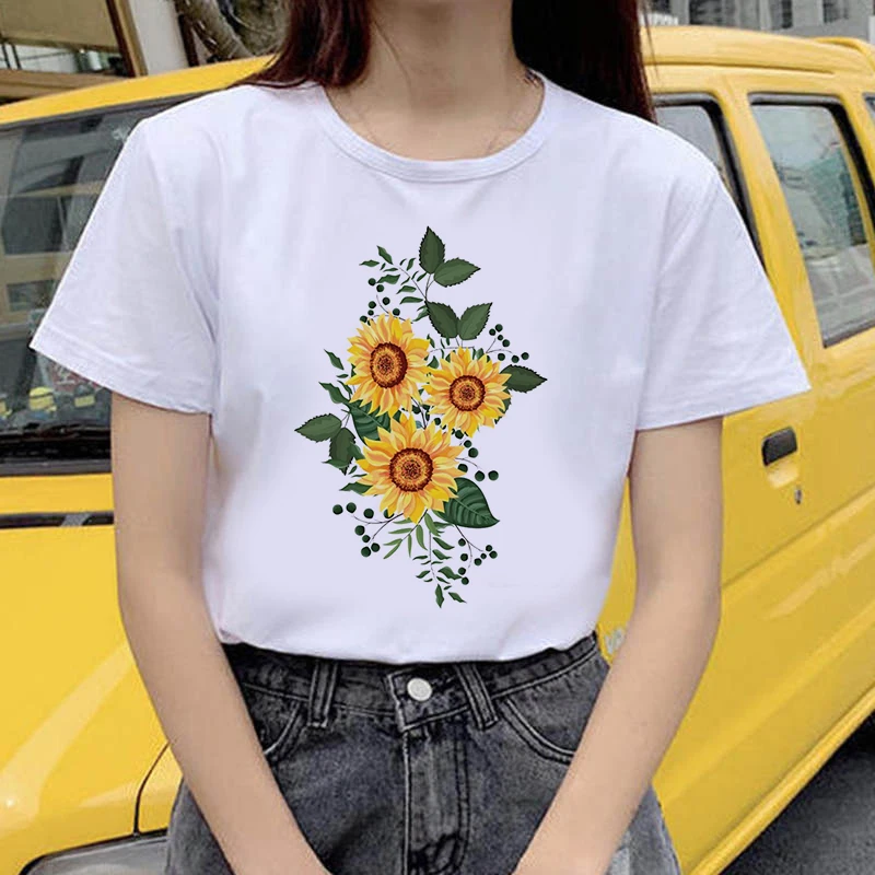 

Fashion Women T Shirt Flowers Print Summer Short Sleeve Female Top Tees Casual Aesthetic Clothing Oversized Women White T-Shirt