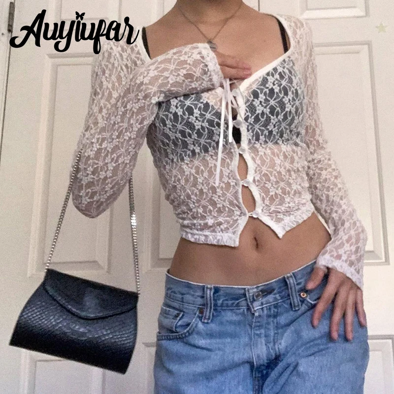 

Auyiufar Solid Lace Mesh Fairycore Tie Front Top Floral Pattern See Through Sexy Y2k Cute Crop Tees Button Elfcore Women Outfits