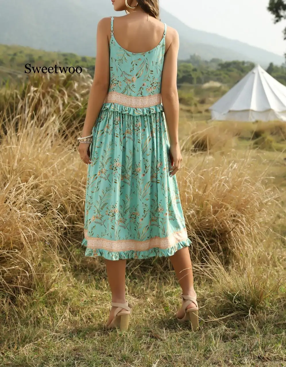 

Spring Streetwear Ladies Cotton Long Sexy Dress Women Sleeveless Summer Dress Floral Print High Waist Boho Dress