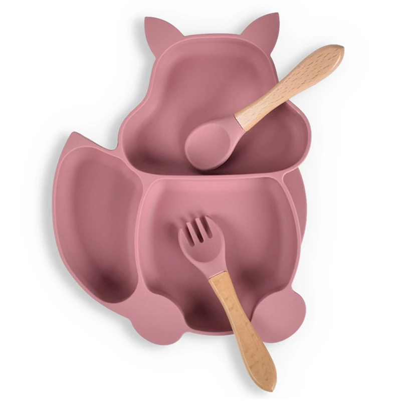 

D0AF Food Grade Silicone Baby Divided Sucker Bowl Infant Learning Feeding Dishes Anti-Slip Squirrel Shape Dinner Plate Tableware