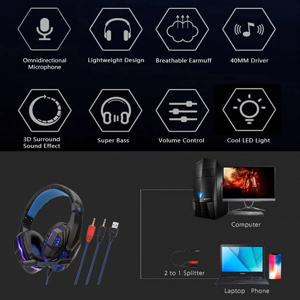 Наушник Проводные игровые Headphhone геймер стерео гарнитуры с С микрофоном светодиодные лампы для планшетного