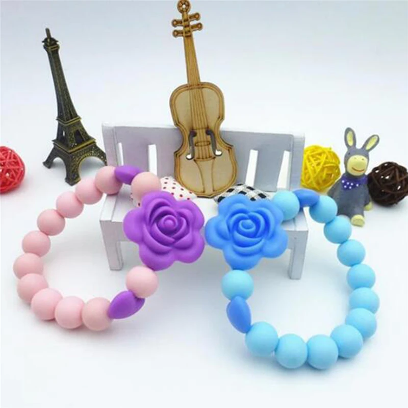 Mordedores de beb&eacute; con cuentas de flores rosas, mordedor de dientes entrenamiento, cadena de silicona de grado alimenticio para ni&ntilde;os-1