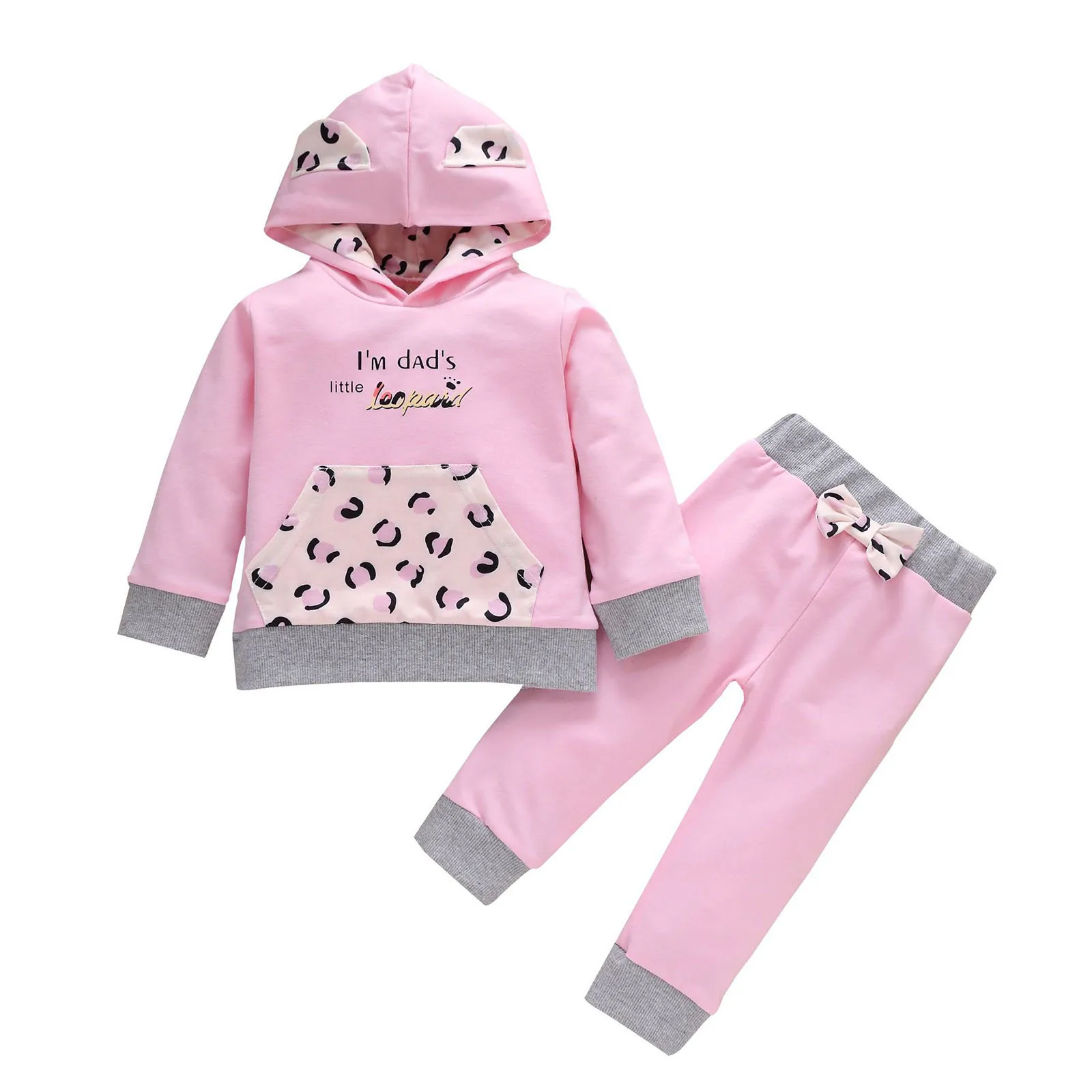 

Winter Warm Toddler Babys Girls Long Sleeve Cartoon Leopard Print Ear Letter Print Hooded Sweater + Pure Color Bowknot Pants Set