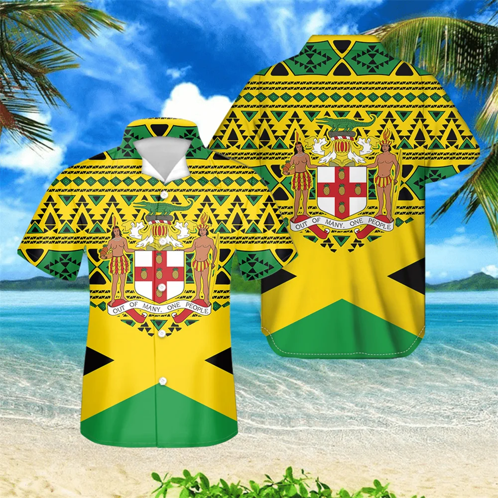 

Jamaica Flag Design Buttoned Shirts for Men Guayabera Hombre Summer Short Sleeve Cuban Blouses Male Turn-down Collar Tops Tees