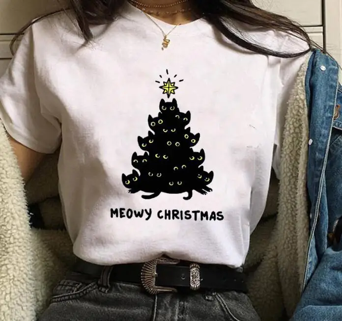 

YEMUSEED New Christmas Cats Print Tops Women Casual Tee shirt O-Neck White T-shirt FFV290