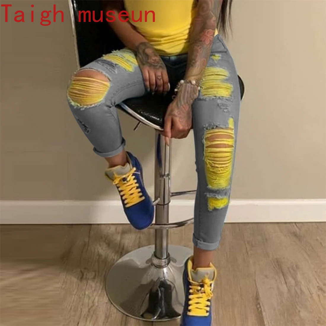 

2021 Women's Jeans Women Fashion Ripped Jeans Yellow Scratch Denim Pencil Pants High Waist Stretch Skinny Pants