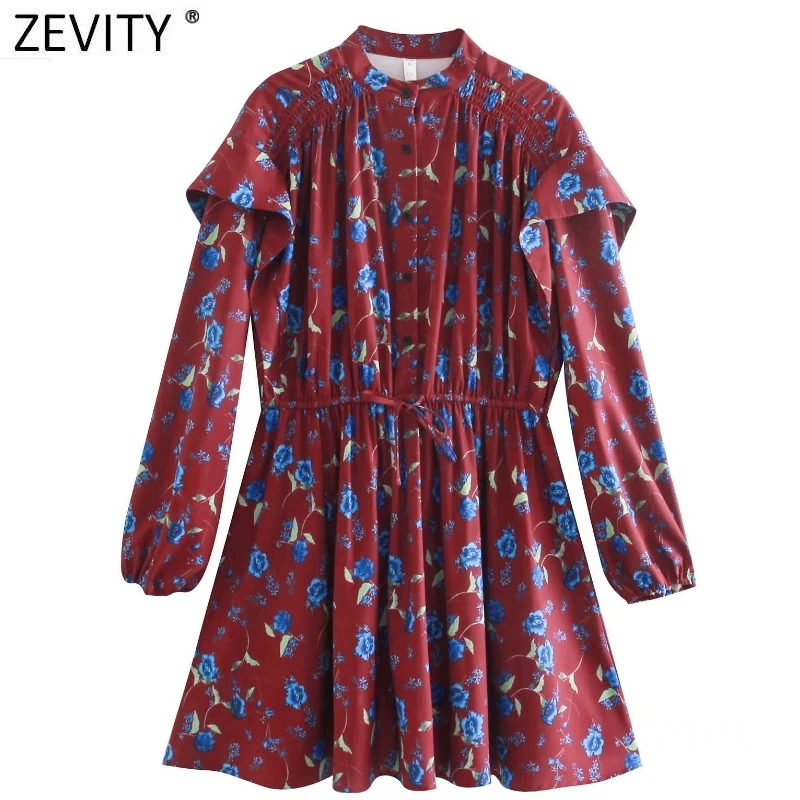 

Zevity 2021 New Women Vintage O Neck Floral Print Ruffles Mini Dress Female Chic Elastic Waist Casual Slim A Line Vestido DS5061