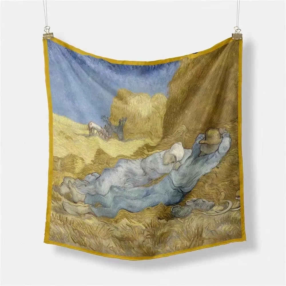 

53CM Women Spring Autumn Twill Silk Square Scarf Oil Painting Print Elegant Kerchief For Ladies Small Size Hijab Wraps Foulard