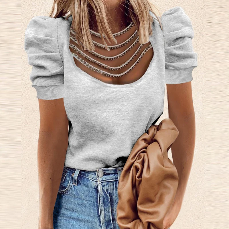 

Women O Neck Solid Color Short Sleeve T-Shirt 2021 Summer Puff Sleeve Casual Skull Print Lace Mesh Tops Pullover Streetwear