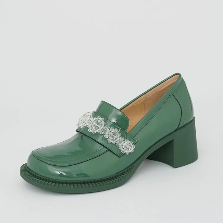 

Net red round head shoes inside and outside full leather spring new round head Patent Leather Handmade Beaded thick heel