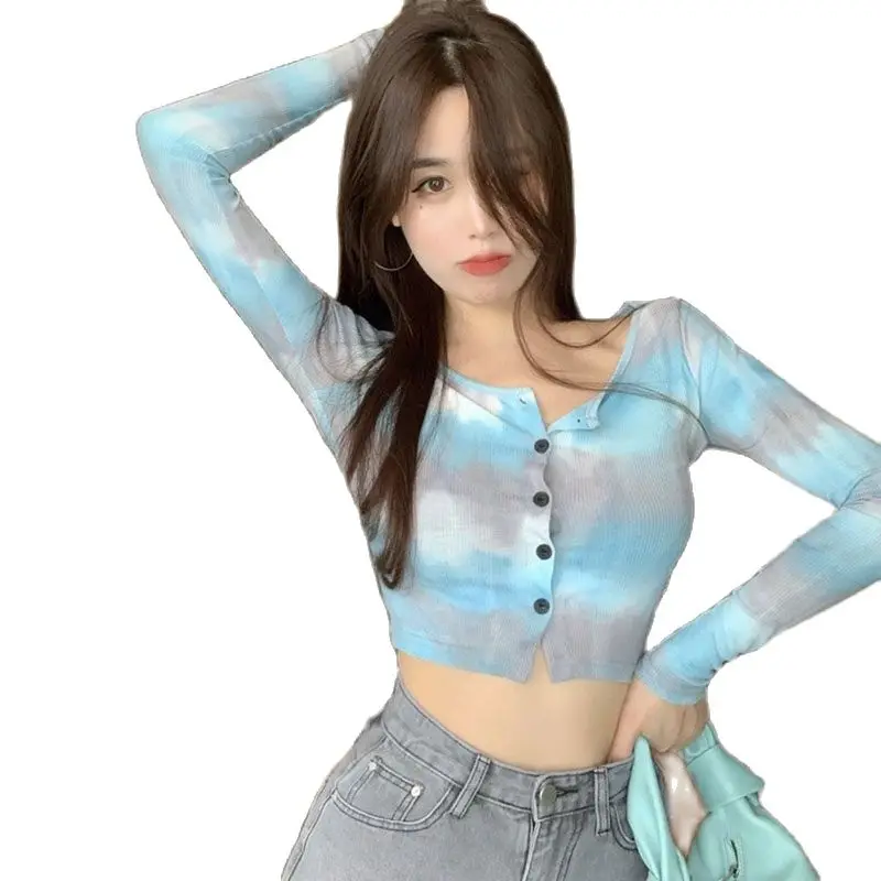 

Women's Tie-dyed Button Sexy Navel Exposed T Shirt Casual Slim Long-Sleeved Cardigan Tops