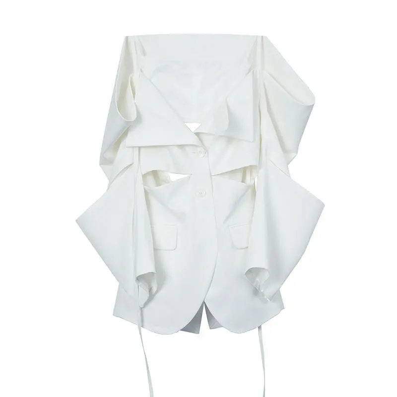 

XITAO Personality Reveal Shoulder Blazwe Bandage Splicing Hanging Neck Splid Color Hollow Out Women Summer New Trendy LDD1292