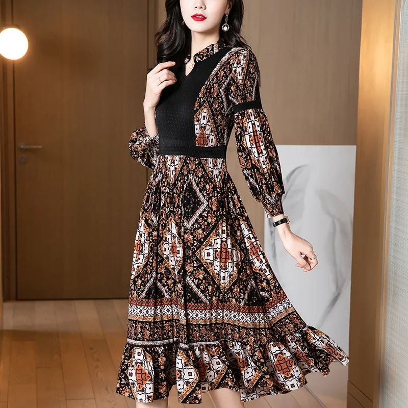 Likyims Early Spring V Neck Lantern Sleeve Bohemian Dress for Women Fashion Slim Print Flower Middle Length A-line Beach Dress