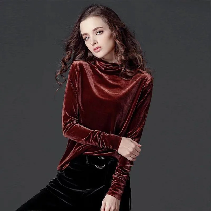 

Women Autumn Long Sleeves Velvet Shirts Solid Turtleneck Bottoming Tops Comfortable Stretchy Basic T-Shirts -