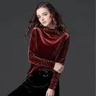 Женские осенние бархатные рубашки с длинным рукавом, однотонные топы с высоким воротником, удобные эластичные базовые футболки-