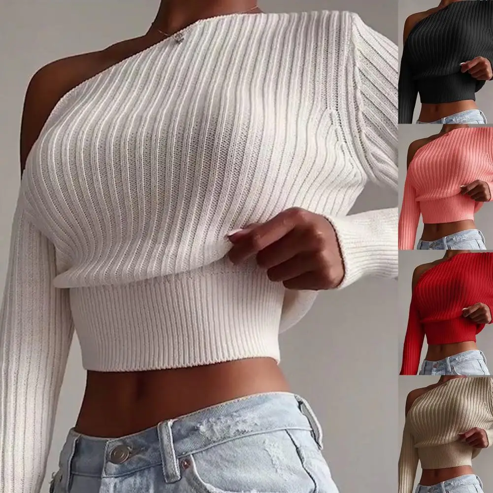 

Women Sexy Off Shoulder Sweater Solid Color Long Sleeve Ribbed Knitted Pullover