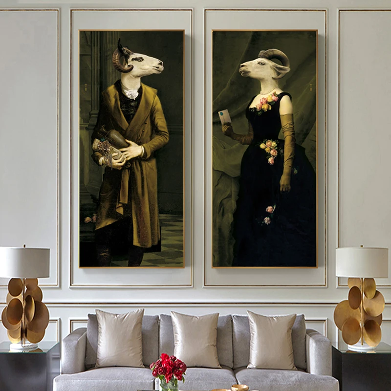 

Retro Nostalgia Gentleman Lady Oil Paintings on the Wall Art Animal Pictures European Style Posters for Living Room Decoration