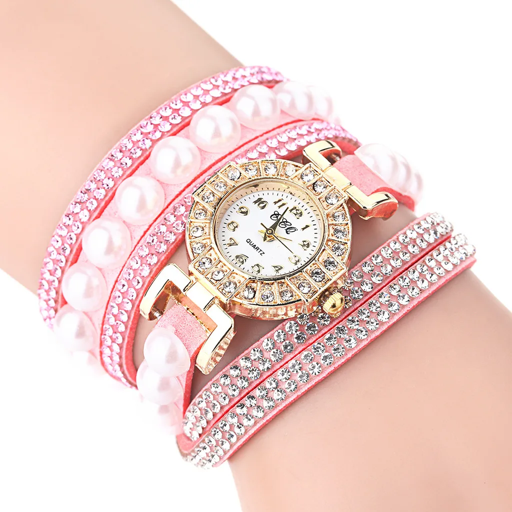 Винтажные женские блестящие часы с жемчугом повседневные браслетом модные