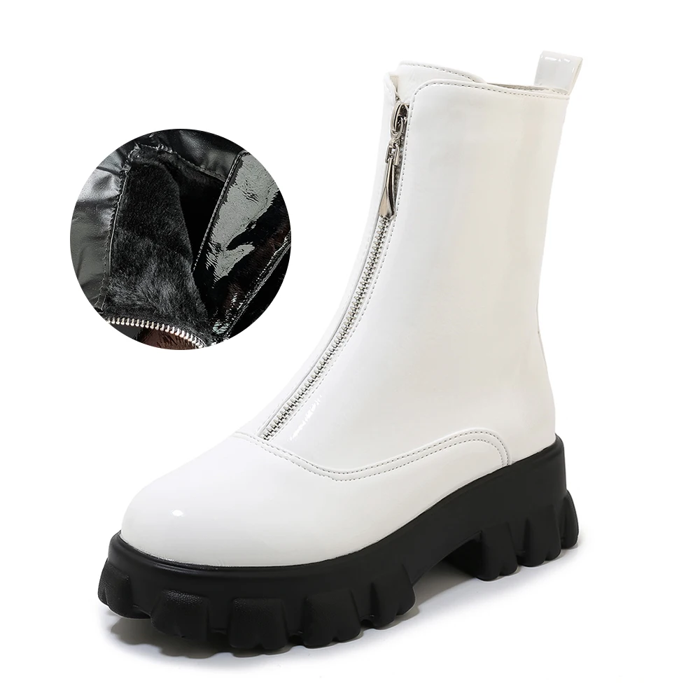 white fur Большие размеры 34-46; зимние ботинки; женские зимние ботинки; Теплая обувь на пуху; легкая одежда; обувь на плоской платформе с молнией для девочек; цвет белый, черный; ботинки на толстом каблуке - Цвет: white fur