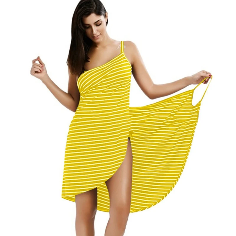 

Women Summer Wearable Bath Towel Striped Print Spaghetti Strap Wrap Beach Dress Sling Bathrobe Blanket Swim Cover Up