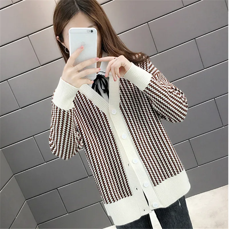 

Autumn Winter Women Sweater 2019 New Fashion Stripe Knitting Female Cardigan Coat Single-Breasted V-Neck Ladies Sweater Cw698