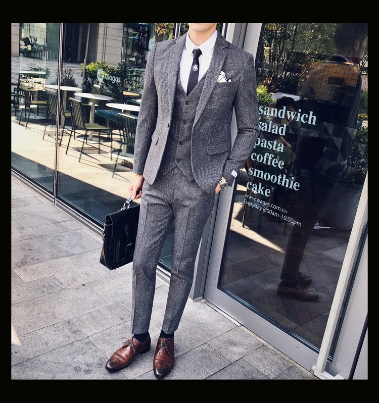 Мужской деловой костюм, официальный смокинг, мужские костюмы, Casacas Hombre Azul Terno Preto, облегающие Серые Ретро костюмы в клетку для мужчин