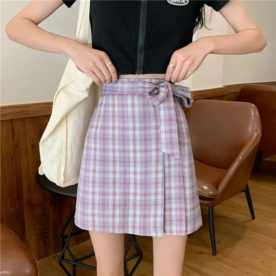 

Student summer Bow Tie Purple Plaid Skirt women's 2021 new high waist buttock A-line skirt