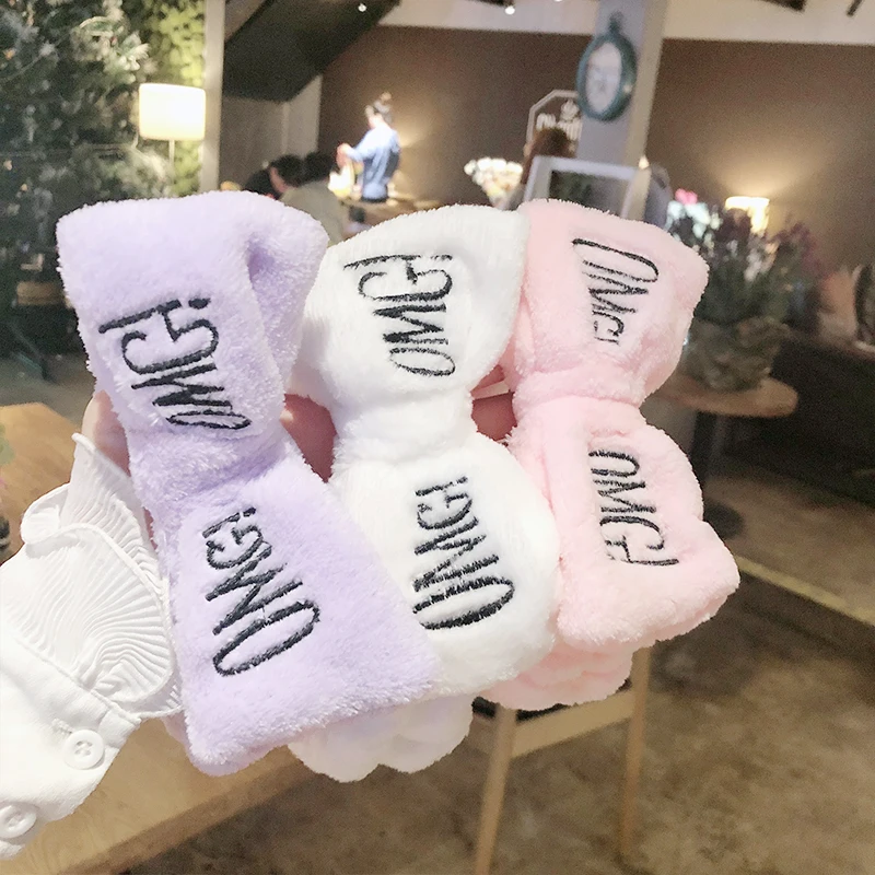 Women's Letters OMG Wash Face Bow Headband Girls Butterfly Hair Band Headwear Hairbands Coral Fleece Accessories |