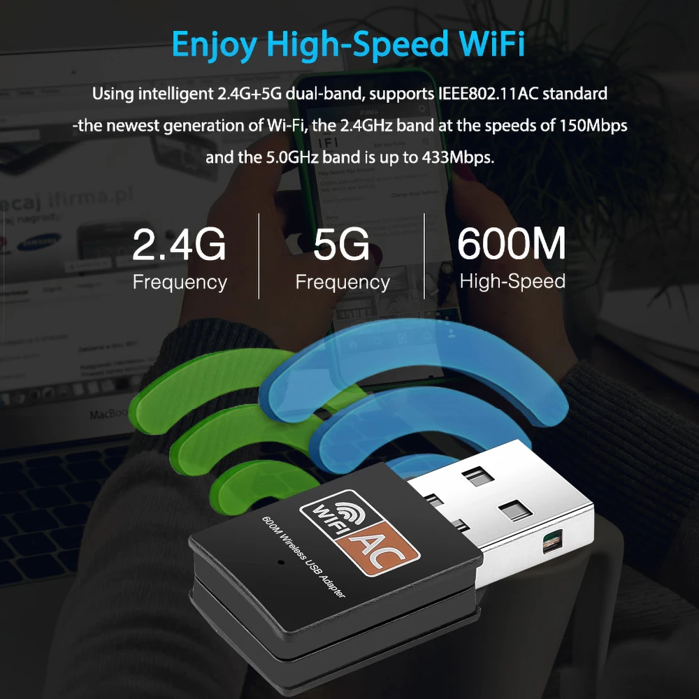 2021 New Wireless USB WiFi Adapter 600Mbps wi fi Dongle PC Network Card Dual Band wifi 5 Ghz Adapter Lan USB Ethernet Receiver