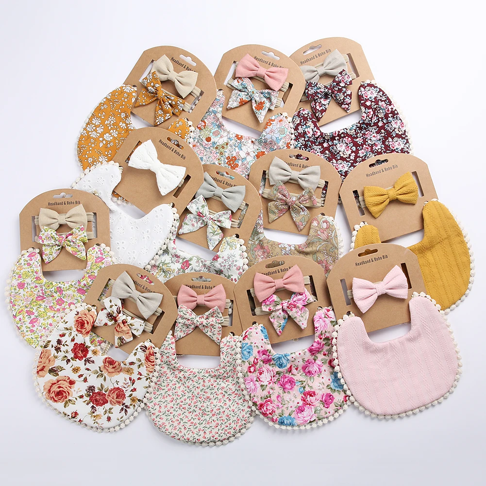 

3Pcs Baby Headband Tassel Saliva Towel Floral Print Newborn Double Side Bibs Boys Girls Bandana Burp Cloths Feeding Smock Stuff