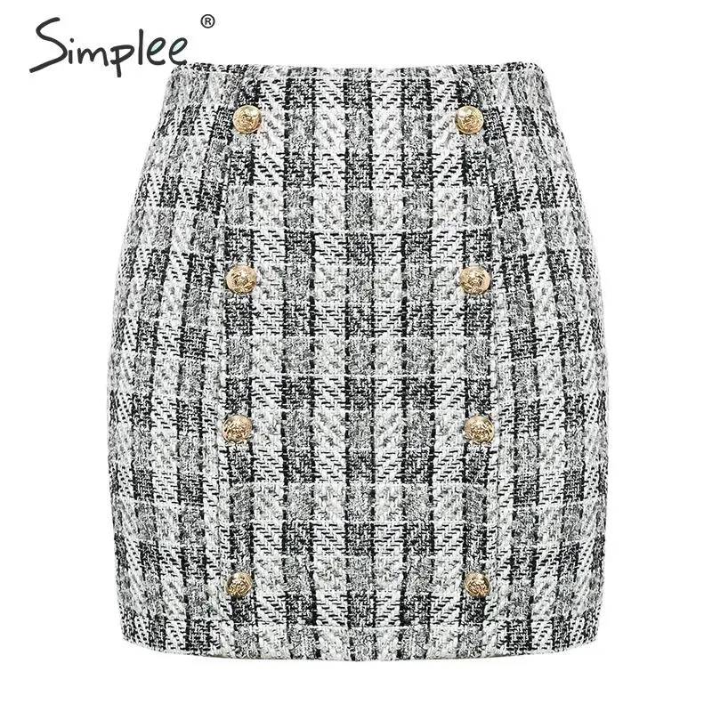 Simplee Double-Breasted tweed plaid women skirt Straight elegant office ladies short mini Vintage autumn female | Женская одежда