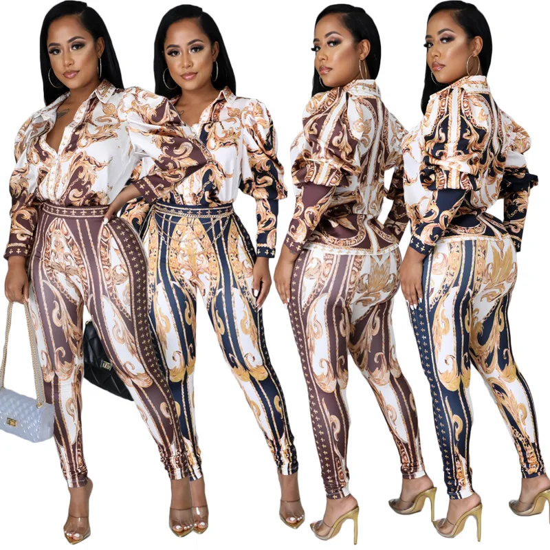 

S-2xl Women Chic Print Shirt Pants Suits Fashion Sexy Fall Two Pieces Sets Party Club Wear Fashion Outfit Wholesale Dropshipping