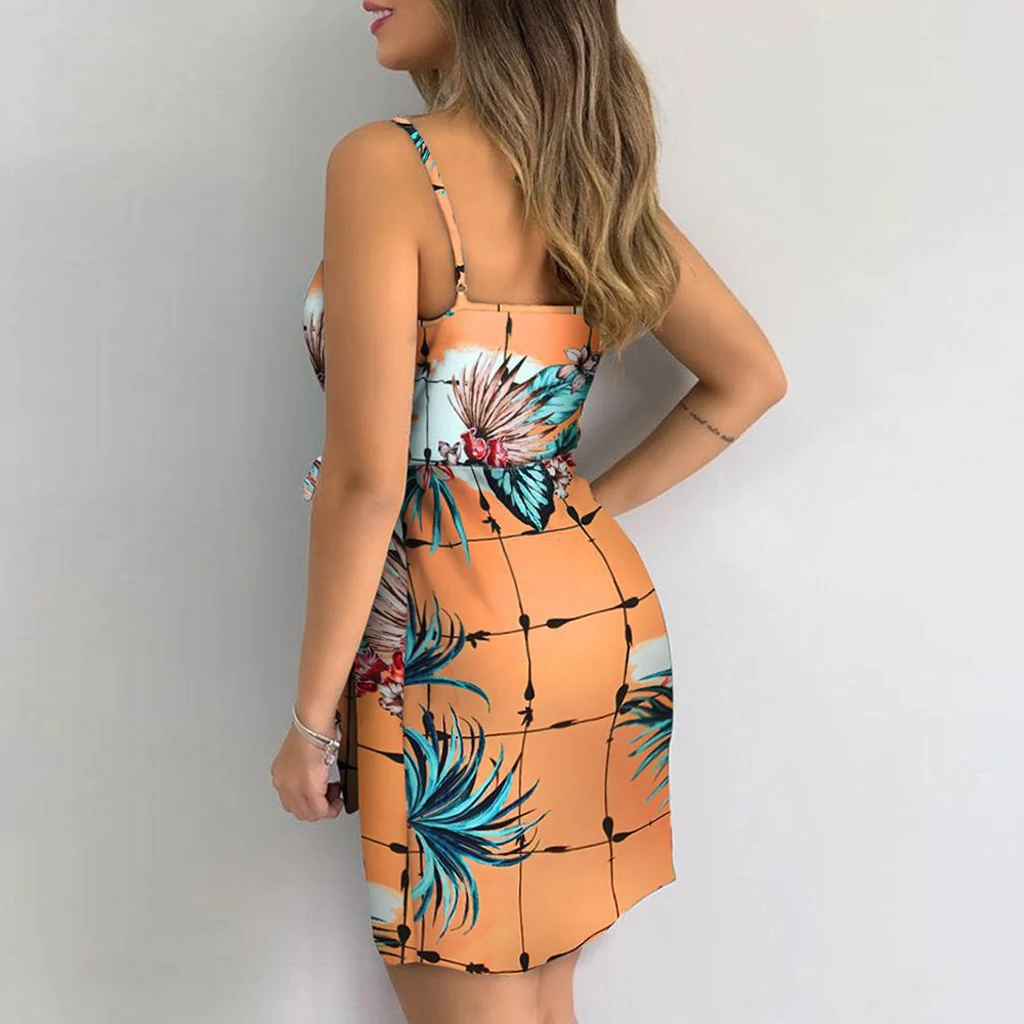 

2021 New Style Summer Hot Sale Retro Sexy Sleeveless Sling V-neck Pullover Skirt Printed Belted Fashion Boho Dress for Women