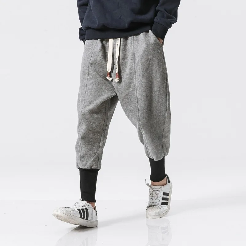 Korean Fashion Men Casual Harem Pants Japanese Streetwear Cotton Linen Trousers Chinese Kung Fu Tai Chi Uniform Sport Sweatpants