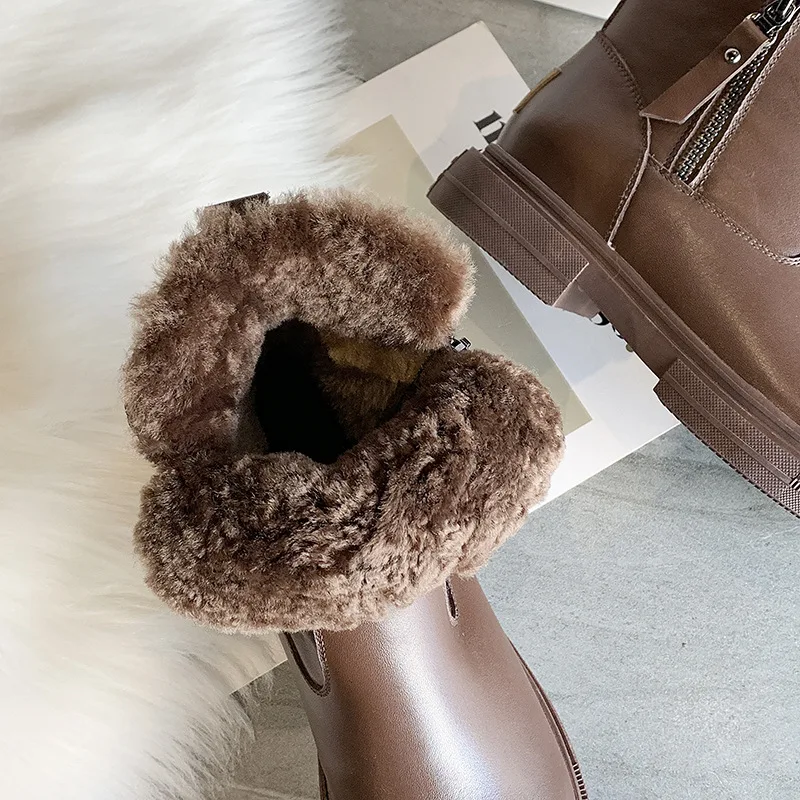 Zapatos de mujer; Новинка года; зимние кожаные женские хлопковые ботинки; шерстяные пинетки с боковой молнией; кожаные женские ботинки