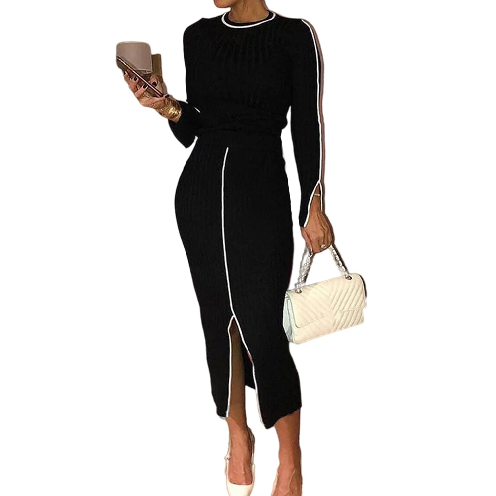 

Elegant Black Dress Women Sexy O-Neck Long Sleeve Split Long Dress Slim Party Dresses Streetwear