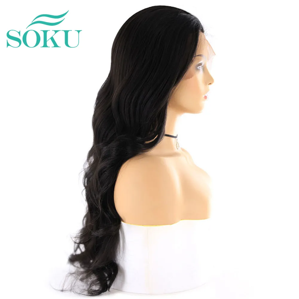 SOKU Synthetic Lace Front Wigs Black Color Long Wavy 13x4 Ear To With Baby Hair High Temperature Fiber Wig For Women | Шиньоны и парики
