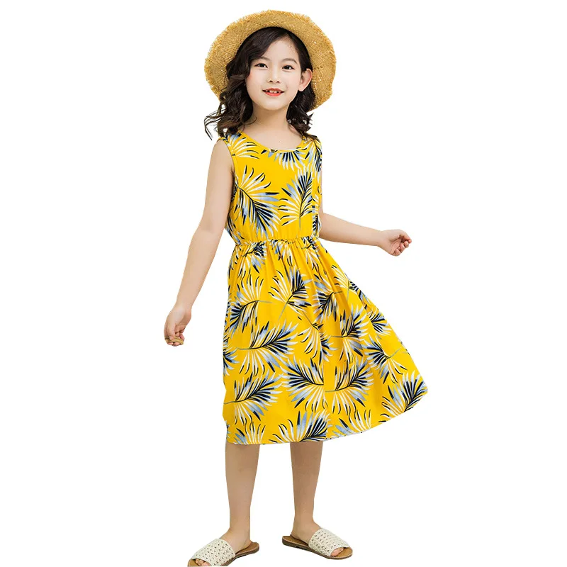 

3-10 year girls summer dress Bohemia beach vacation coconut tree print round neck vest princess dresses fashion quality clothing