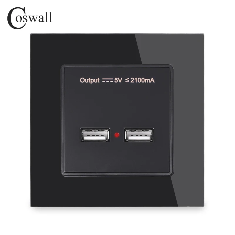 Black COSWALL настенная розетка с двумя usb-разъемами, умный индукционный зарядный порт для мобильного телефона 5 в 2,1 А, Выходная панель из закаленного стекла - Тип: Black