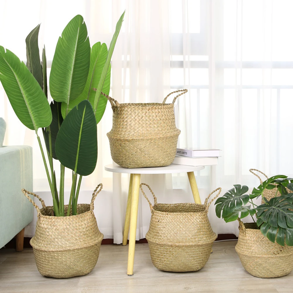 

Woven Storage Flower Pot Planter Hanging Folding Plant Belly Laundry Wicker Rattan Garden Home Decor Seagrass Basket 19/23/28cm