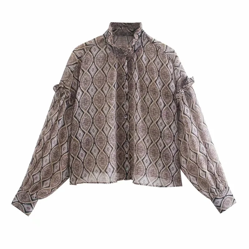 

XNWMNZ Women 2020 Fashion ruffled blouse Vintage high neck Long Sleeve Female Chic Ruffle trims on the sleeves collar tops